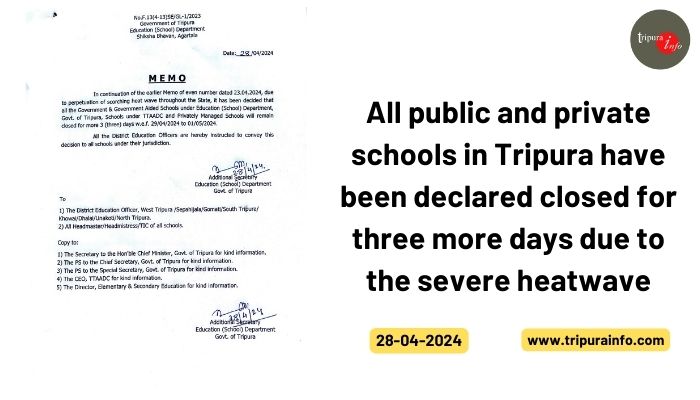 All public and private schools in Tripura have been declared closed for three more days due to the severe heatwave