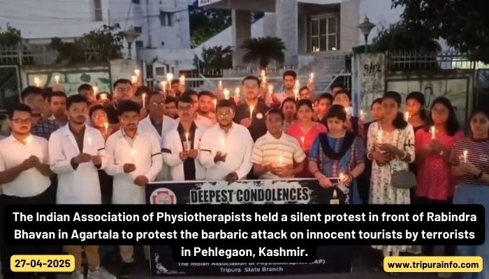 The Indian Association of Physiotherapists held a silent protest in front of Rabindra Bhavan in Agartala to protest the barbaric attack on innocent tourists by terrorists in Pehlegaon, Kashmir.