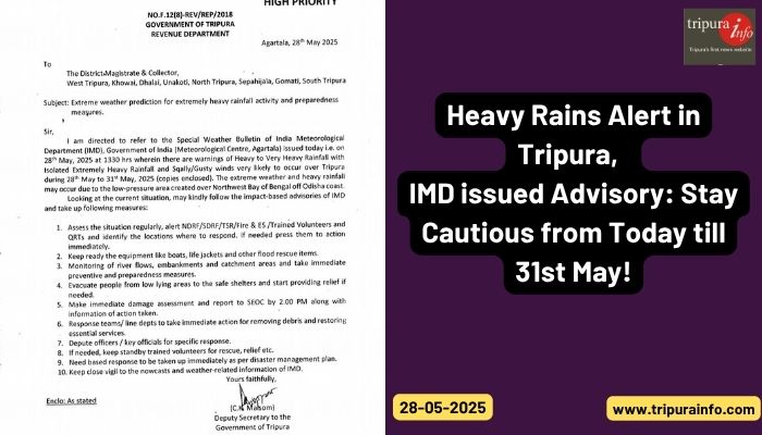 Heavy Rains Alert in Tripura,  
IMD issued Advisory: Stay Cautious from Today till 31st May!