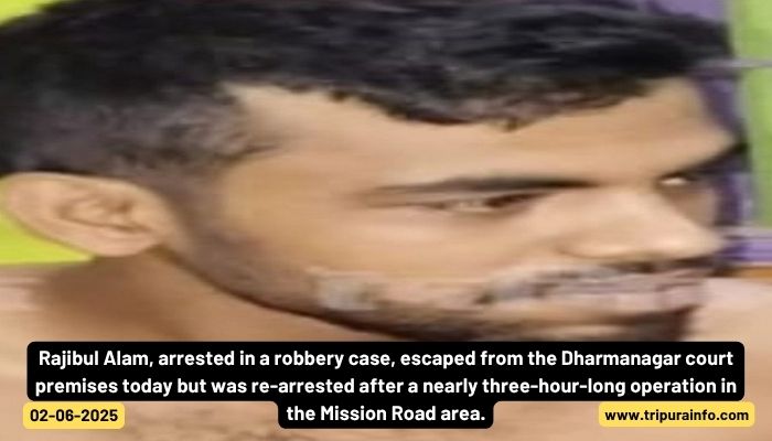 Rajibul Alam, arrested in a robbery case, escaped from the Dharmanagar court premises today but was re-arrested after a nearly three-hour-long operation in the Mission Road area.