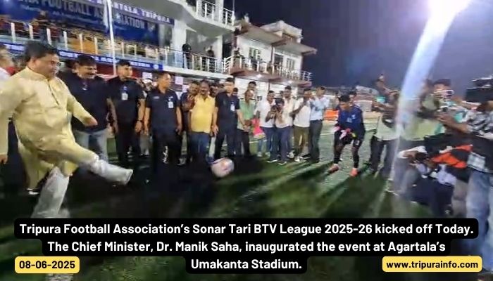 Tripura Football Association’s Sonar Tari BTV League 2025-26 kicked off Today. The Chief Minister, Dr. Manik Saha, inaugurated the event at Agartala’s Umakanta Stadium.