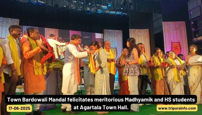 Town Bardowali Mandal felicitates meritorious Madhyamik and HS students at Agartala Town Hall.