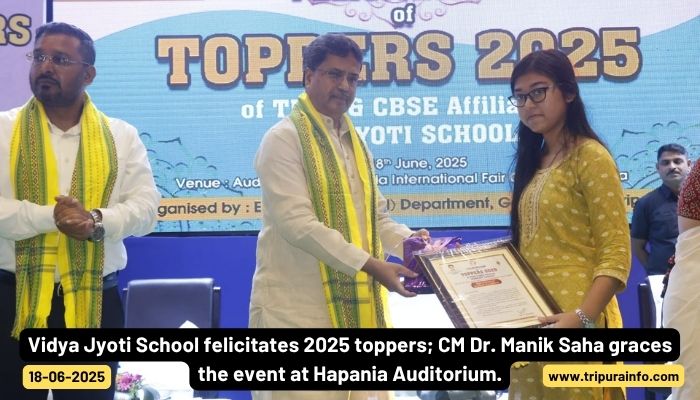 Vidya Jyoti School felicitates 2025 toppers; CM Dr. Manik Saha graces the event at Hapania Auditorium.