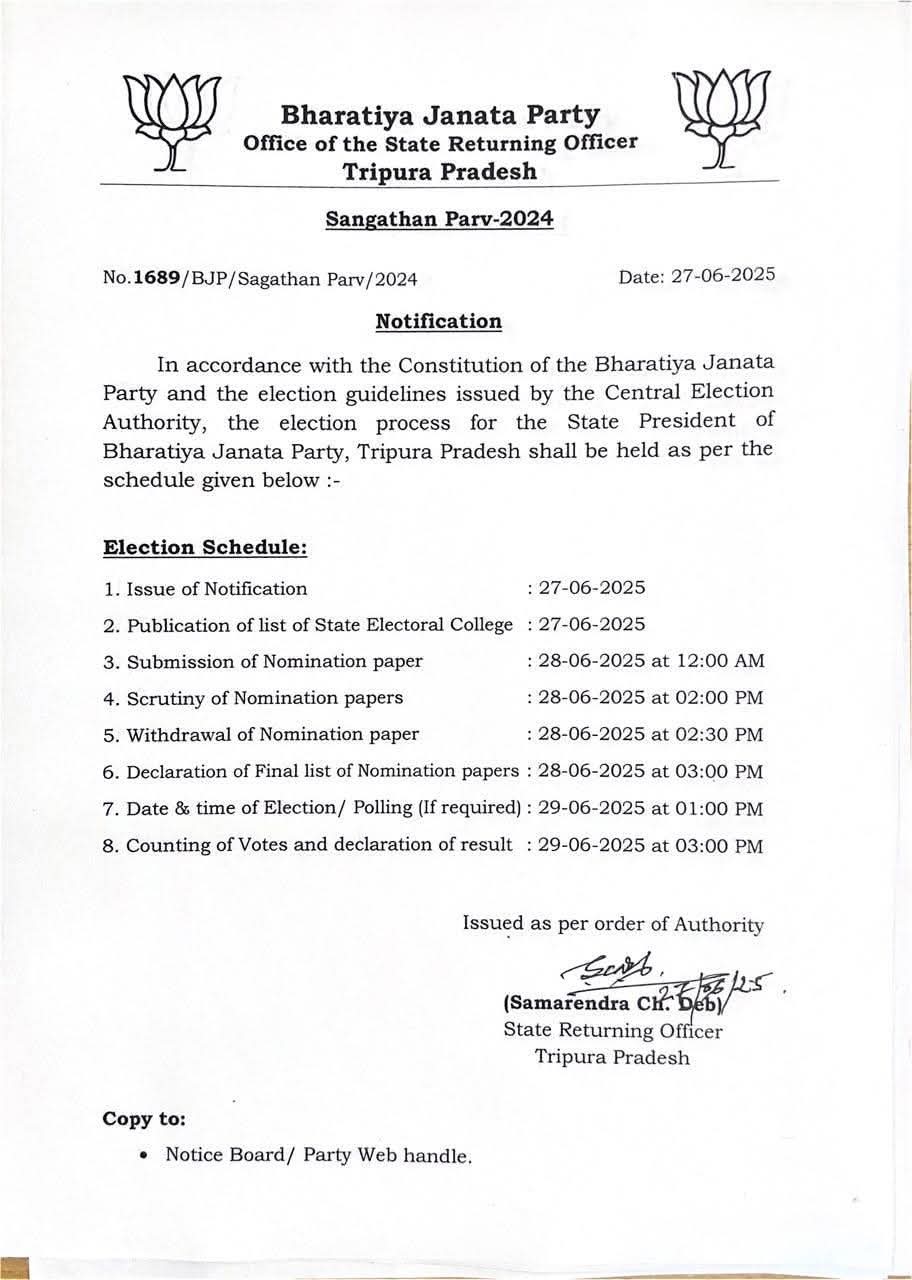 BJP Announces Election Schedule for State President in Tripura to be held on June 29