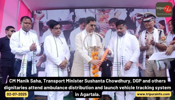 CM Manik Saha, Transport Minister Sushanta Chowdhury, and DGP attend ambulance distribution and launch vehicle tracking system in Agartala.