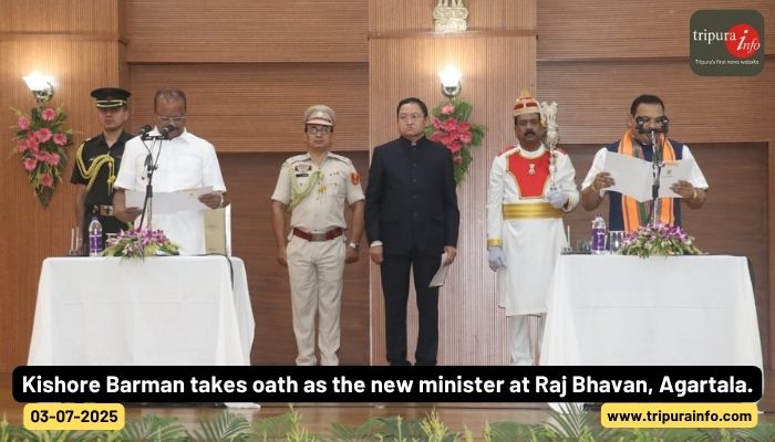 Kishore Barman takes oath as the new minister at Raj Bhavan, Agartala.

