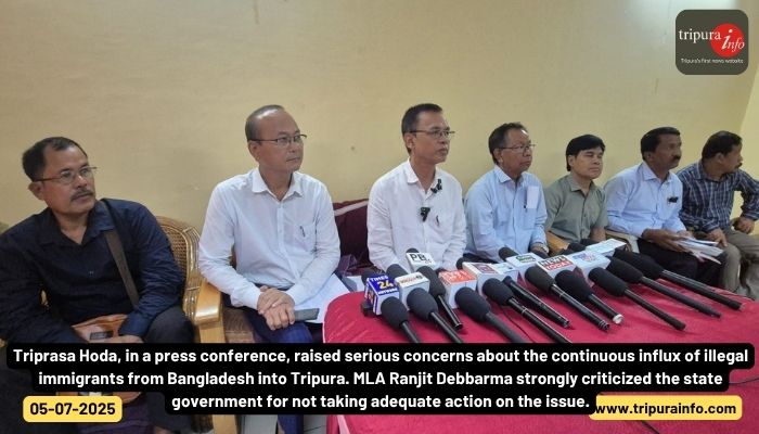 Triprasa Hoda, in a press conference, raised serious concerns about the continuous influx of illegal immigrants from Bangladesh into Tripura. MLA Ranjit Debbarma strongly criticized the state government for not taking adequate action on the issue.
