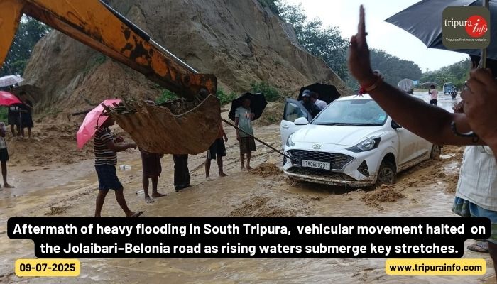 Aftermath of heavy flooding in South Tripura,  vehicular movement halted  on the Jolaibari–Belonia road as rising waters submerge key stretches.