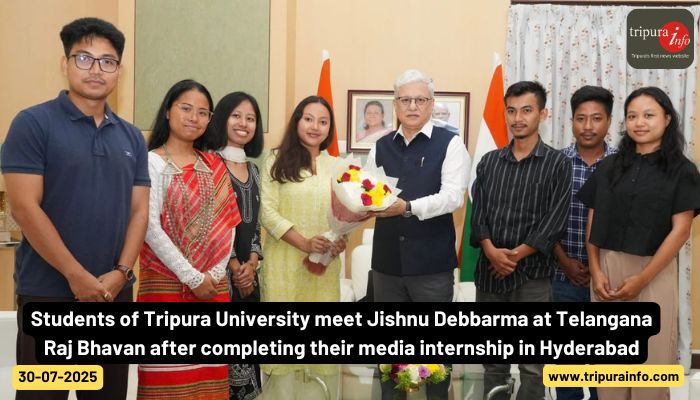 Students of Tripura University meet Jishnu Debbarma at Telangana Raj Bhavan after completing their media internship in Hyderabad