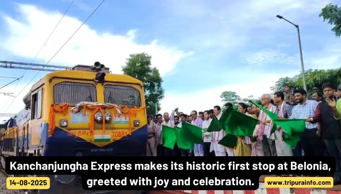 Kanchanjungha Express makes its historic first stop at Belonia, greeted with joy and celebration.