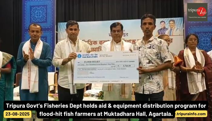 Tripura Govt’s Fisheries Dept holds aid & equipment distribution program for flood-hit fish farmers at Muktadhara Hall, Agartala.