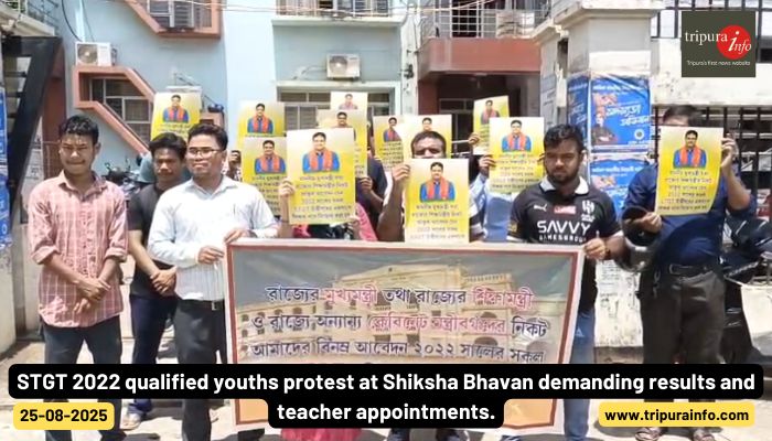 STGT 2022 qualified youths protest at Shiksha Bhavan demanding results and teacher appointments.