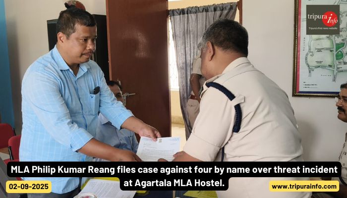 MLA Philip Kumar Reang files case against four by name over threat incident at Agartala MLA Hostel.
