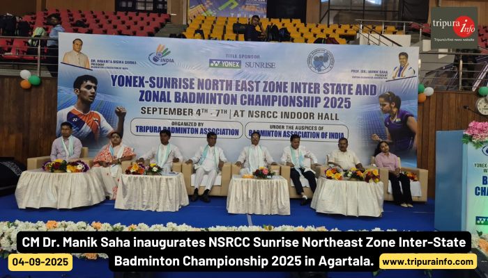 CM Dr. Manik Saha inaugurates NSRCC Sunrise Northeast Zone Inter-State Badminton Championship 2025 in Agartala.