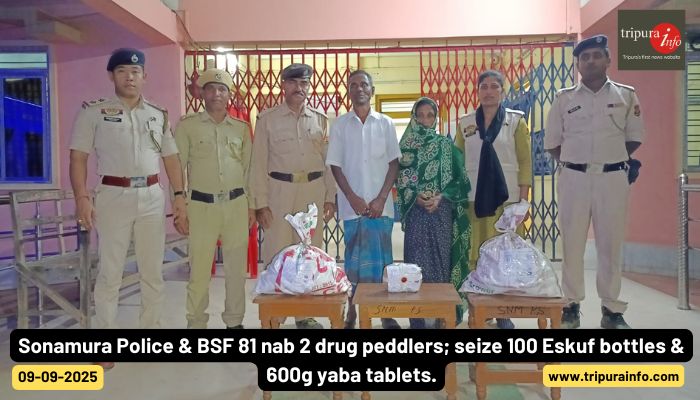 Sonamura Police & BSF 81 nab 2 drug peddlers; seize 100 Eskuf bottles & 600g yaba tablets.