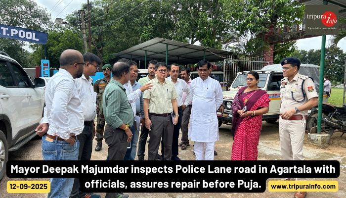 Mayor Deepak Majumdar inspects Police Lane road in Agartala with officials, assures repair before Puja.