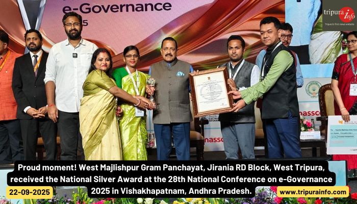 Proud moment! West Majlishpur Gram Panchayat, Jirania RD Block, West Tripura, received the National Silver Award at the 28th National Conference on e-Governance 2025 in Vishakhapatnam, Andhra Pradesh.