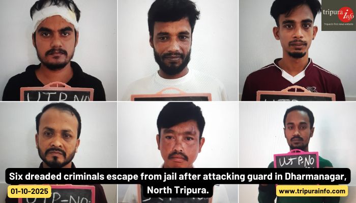 Six dreaded criminals escape from jail after attacking guard in Dharmanagar, North Tripura.