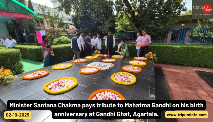 Minister Santana Chakma pays tribute to Mahatma Gandhi on his birth anniversary at Gandhi Ghat, Agartala.