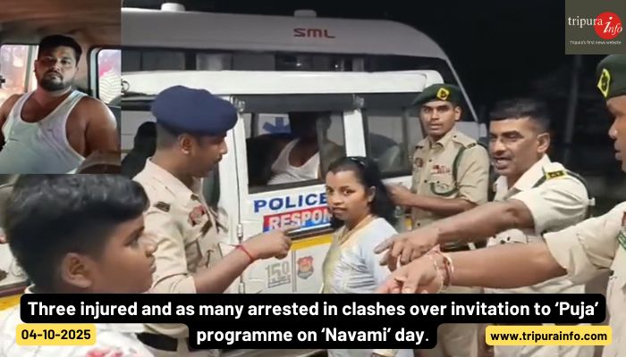 Three injured and as many arrested in clashes over invitation to ‘Puja’ programme on ‘Navami’ day.