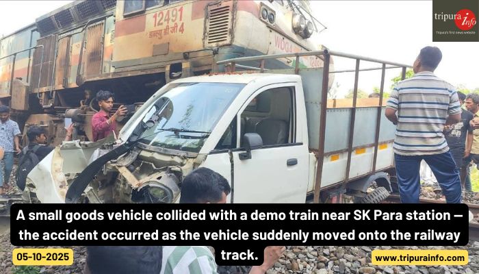 A small goods vehicle collided with a demo train near SK Para station — the accident occurred as the vehicle suddenly moved onto the railway track.