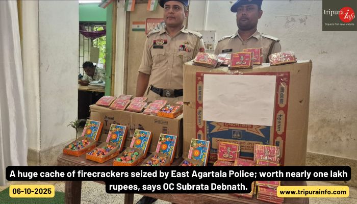 A huge cache of firecrackers seized by East Agartala Police; worth nearly one lakh rupees, says OC Subrata Debnath.