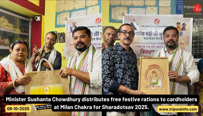 Minister Sushanta Chowdhury distributes free festive rations to cardholders at Milan Chakra for Sharadotsav 2025.