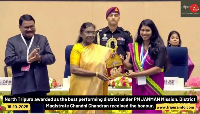 North Tripura awarded as the best performing district under PM JANMAN Mission. District Magistrate Chandni Chandran received the honour.