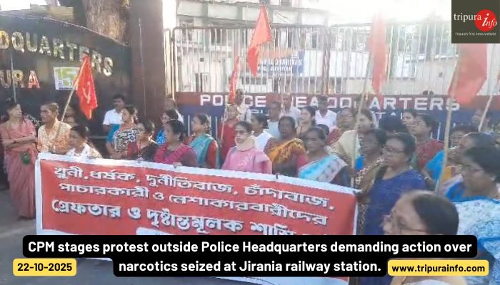 CPM stages protest outside Police Headquarters demanding action over narcotics seized at Jirania railway station.