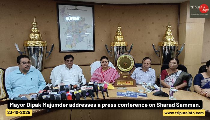 Mayor Dipak Majumder addresses a press conference on Sharad Samman.
