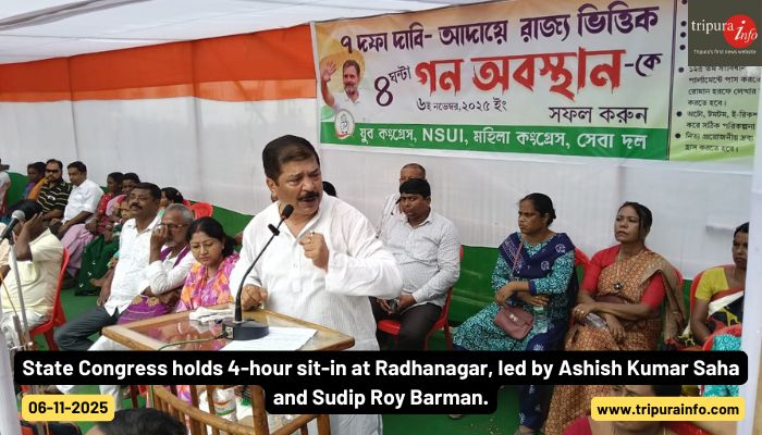 State Congress holds 4-hour sit-in at Radhanagar, led by Ashish Kumar Saha and Sudip Roy Barman.