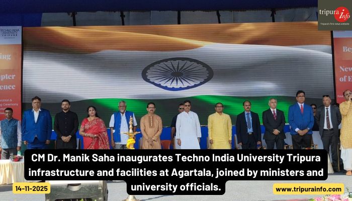 CM Dr. Manik Saha inaugurates Techno India University Tripura infrastructure and facilities at Agartala, joined by ministers and university officials.