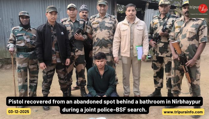 Pistol recovered from an abandoned spot behind a bathroom in Nirbhaypur during a joint police–BSF search.