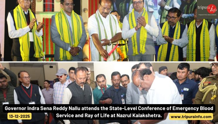 Governor Indra Sena Reddy Nallu attends the State-Level Conference of Emergency Blood Service and Ray of Life at Nazrul Kalakshetra.