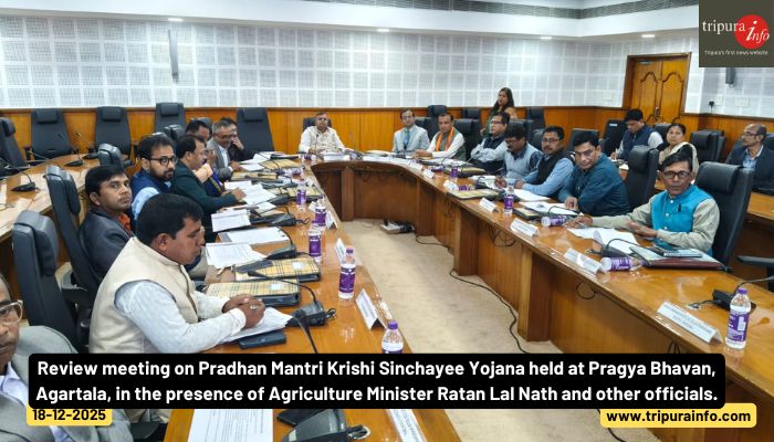 Review meeting on Pradhan Mantri Krishi Sinchayee Yojana held at Pragya Bhavan, Agartala, in the presence of Agriculture Minister Ratan Lal Nath and other officials.