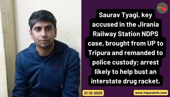 Saurav Tyagi, key accused in the Jirania Railway Station NDPS case, brought from UP to Tripura and remanded to police custody; arrest likely to help bust an interstate drug racket.