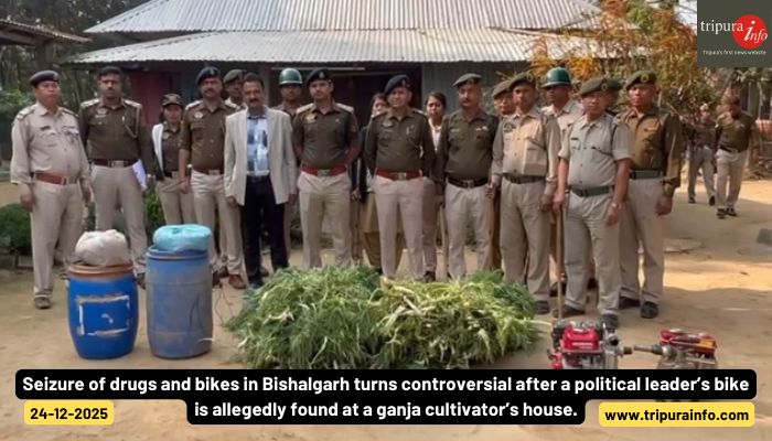 Seizure of drugs and bikes in Bishalgarh turns controversial after a political leader’s bike is allegedly found at a ganja cultivator’s house.
