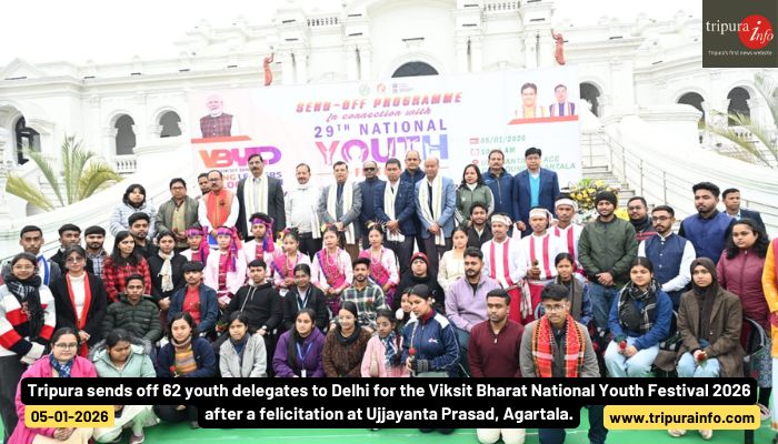 Tripura sends off 62 youth delegates to Delhi for the Viksit Bharat National Youth Festival 2026 after a felicitation at Ujjayanta Prasad, Agartala.