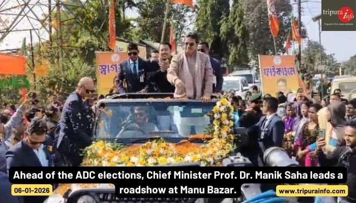 Ahead of the ADC elections, Chief Minister Prof. Dr. Manik Saha leads a roadshow at Manu Bazar.