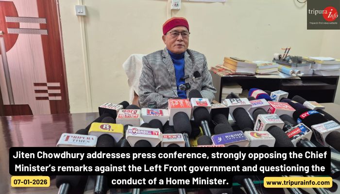 Jiten Choudhury addresses press conference, strongly opposing the Chief Minister’s remarks against the Left Front government and questioning the conduct of a Home Minister.