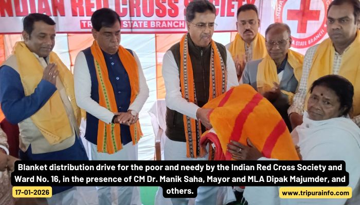 Blanket distribution drive for the poor and needy by the Indian Red Cross Society and Ward No. 16, in the presence of CM Dr. Manik Saha, Mayor and MLA Dipak Majumder, and others.