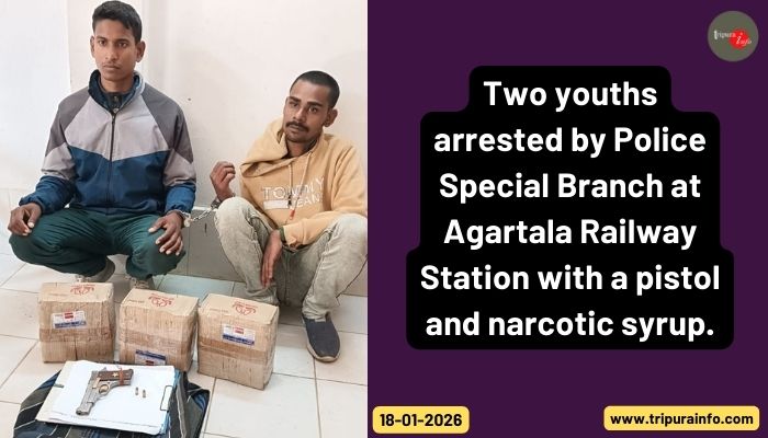 Two youths arrested by Police Special Branch at Agartala Railway Station with a pistol and narcotic syrup.