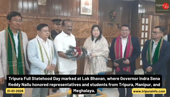 Tripura Full Statehood Day marked at Lok Bhavan, where Governor Indra Sena Reddy Nallu honored representatives and students from Tripura, Manipur, and Meghalaya.