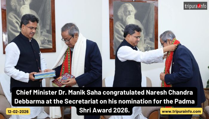 Chief Minister Dr. Manik Saha congratulated Naresh Chandra Debbarma at the Secretariat on his nomination for the Padma Shri Award 2026.