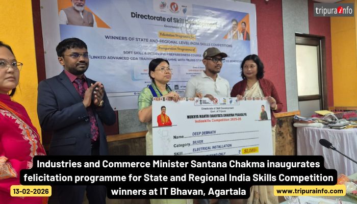 Industries and Commerce Minister Santana Chakma inaugurates felicitation programme for State and Regional India Skills Competition winners at IT Bhavan, Agartala.