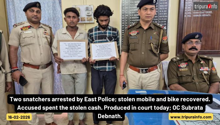 Two snatchers arrested by East Police; stolen mobile and bike recovered. Accused spent the stolen cash. Produced in court today; OC Subrata Debnath.