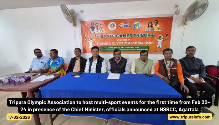 Tripura Olympic Association to host multi-sport events for the first time from Feb 22–24 in presence of the Chief Minister, officials announced at NSRCC, Agartala.