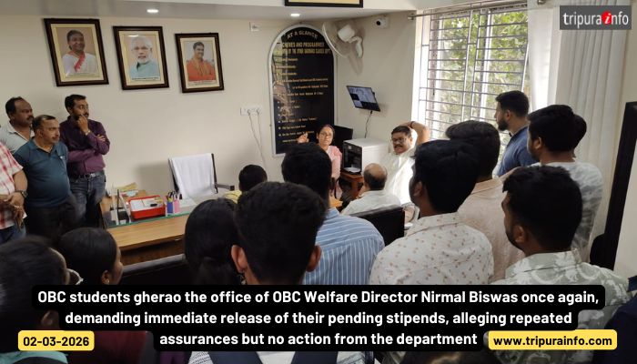 OBC students gherao the office of OBC Welfare Director Nirmal Biswas once again, demanding immediate release of their pending stipends, alleging repeated assurances but no action from the department.