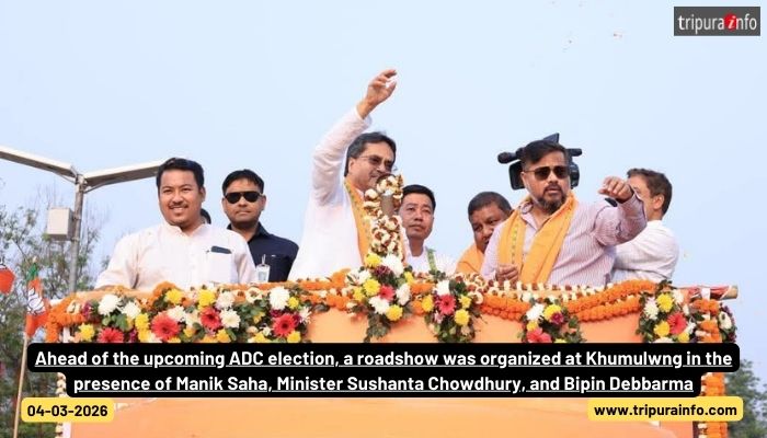 Ahead of the upcoming ADC election, a roadshow was organized at Khumulwng in the presence of Manik Saha, Minister Sushanta Chowdhury, and Bipin Debbarma.