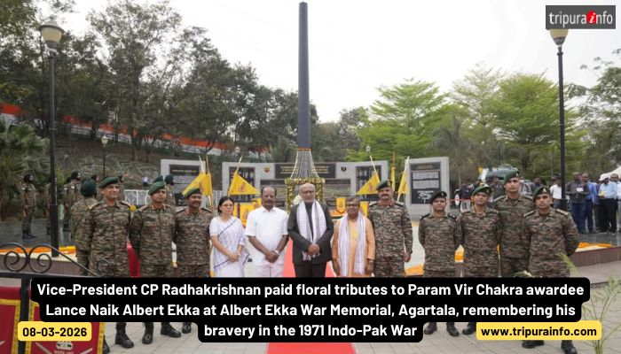 Vice-President CP Radhakrishnan paid floral tributes to Param Vir Chakra awardee Lance Naik Albert Ekka at Albert Ekka War Memorial, Agartala, remembering his bravery in the 1971 Indo-Pak War.